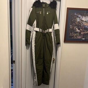 Olive Green & White Quilted Ski Jumpsuit with Black Fur Trim Hood